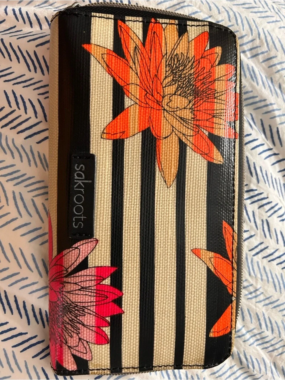 Sakroots Black-White Stripe Wallet with Pink Floral Accents